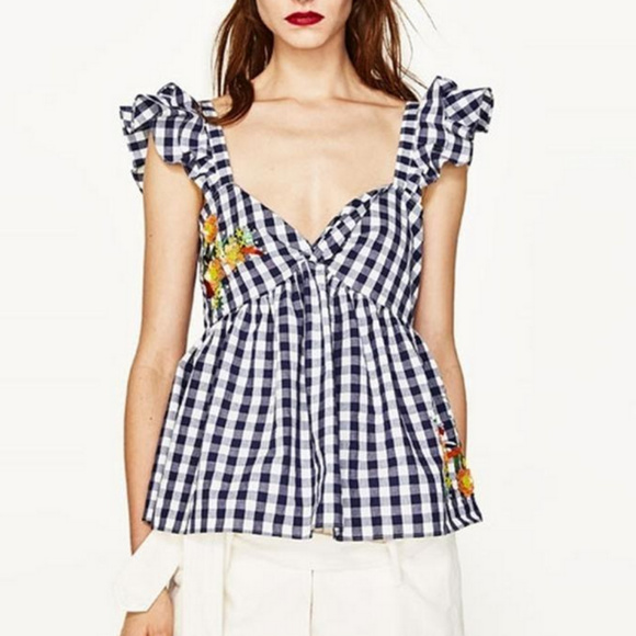 ZARA Tops - ZARA GINGHAM RUFFLE PEPLUM EMBROIDER SEQUIN PARROT